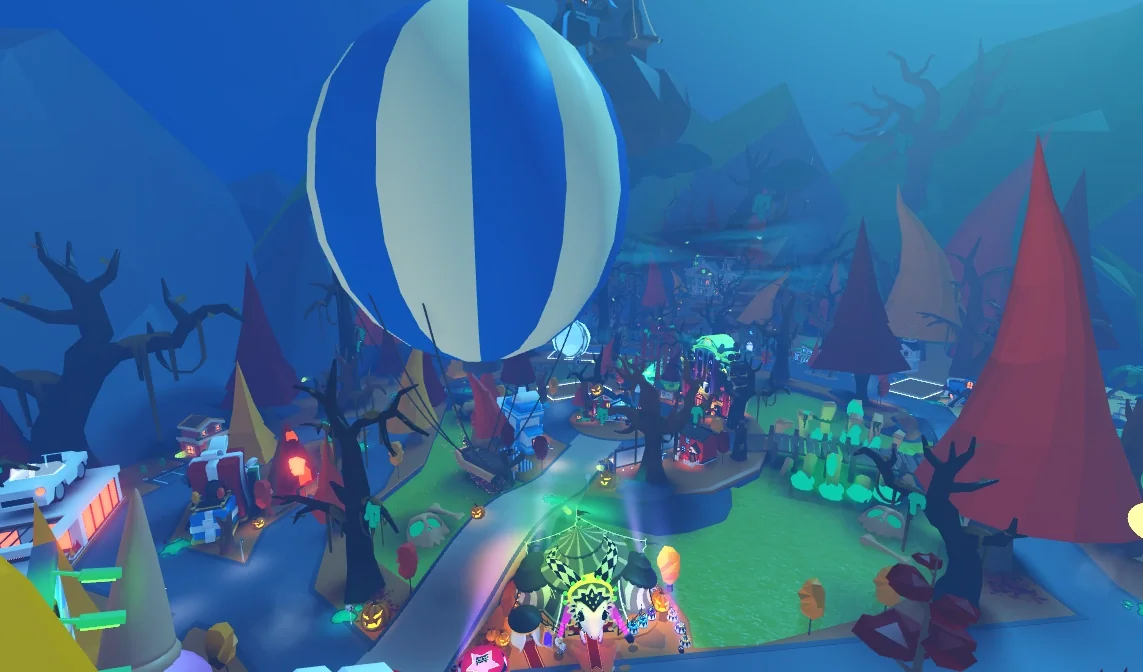 Adoption Island decorated for the Halloween Event (2026), seen from a hot air balloon