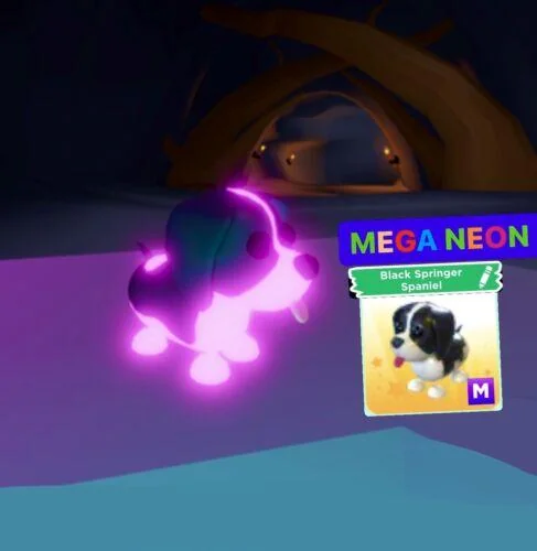 A Mega Neon Black Springer Spaniel in Adopt Me glowing purple in the Neon Cave