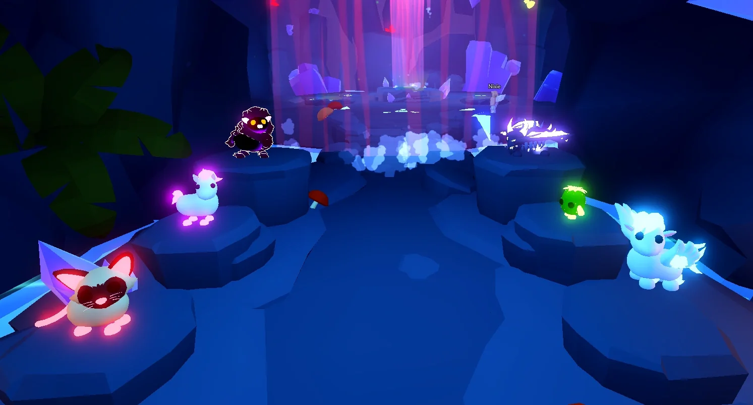 Inside the Neon Cave in Adopt Me at the entrance, with Neon pets on the stone pedestals