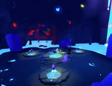 Four pets being fused into one Neon pet in the Neon Cave in Adopt Me