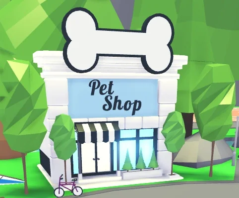 The Pet Shop building in Adopt Me, with a big bone sign on the roof
