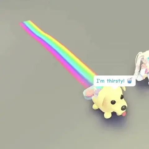 A Dog wearing the Rainbow Maker with a rainbow trail streaming behind it in Adopt Me