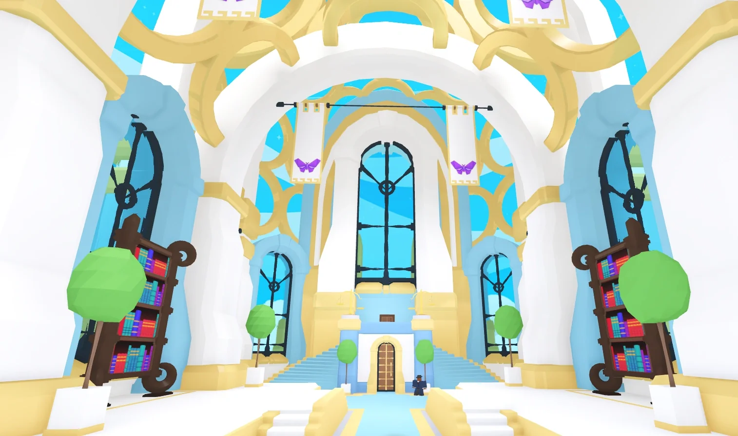 The tall main hall of the Safety Hub in Adopt Me with blue windows and gold arches