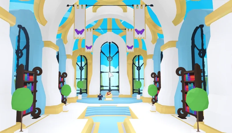 Inside the Safety Hub in Adopt Me, a bright hall with blue and gold decorations