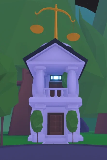 The Safety Hub in Adopt Me, a white building with columns and a golden scale on its roof