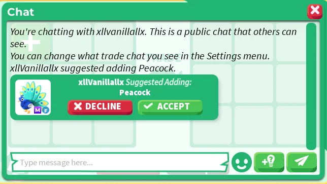 The Adopt Me trade chat showing a player suggesting an item to add, with Decline and Accept buttons
