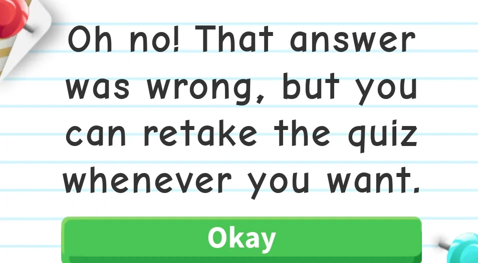 The Adopt Me pop-up after a wrong Trade License test answer, saying you can retake the quiz