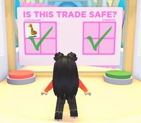 The Trade License test in Adopt Me asking Is this trade safe, with a red and a green answer button