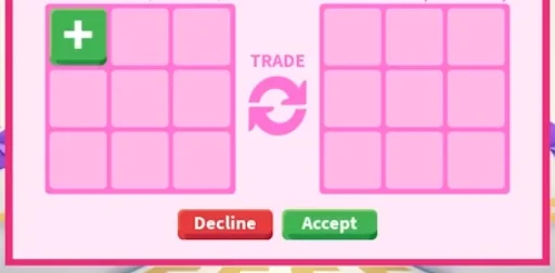 The Adopt Me trade window: your offer on the left, the other player's on the right, with Decline and Accept buttons