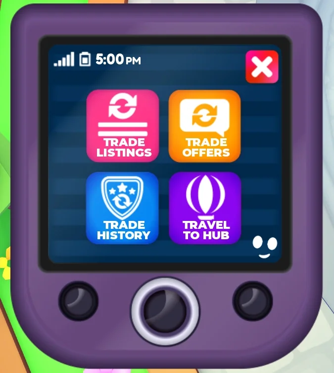 The Adopt Me Trading Hub Phone screen with Trade Listings, Trade Offers, Trade History and Travel to Hub buttons