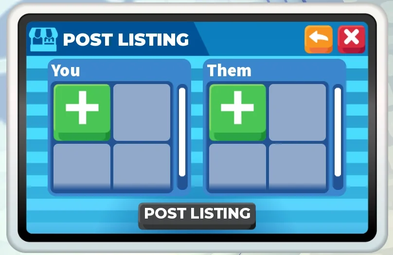 The Post Listing menu in the Adopt Me Trading Hub with a You side and a Them side