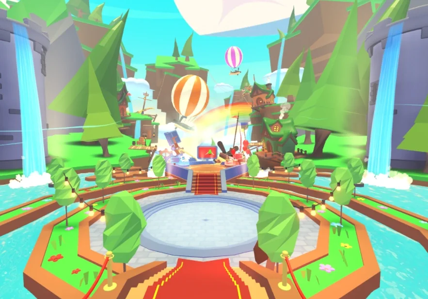 The Trading Hub in Adopt Me, a round plaza with a red carpet and balloons