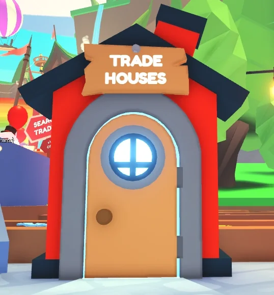 The Trade Houses booth in the Adopt Me Trading Hub, a red house with a wooden sign