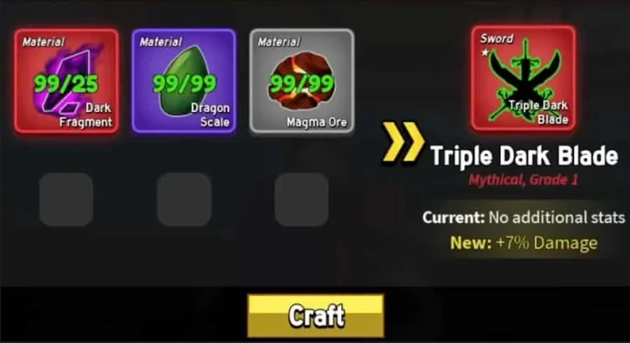 The Blacksmith upgrade screen for the Triple Dark Blade in Blox Fruits
